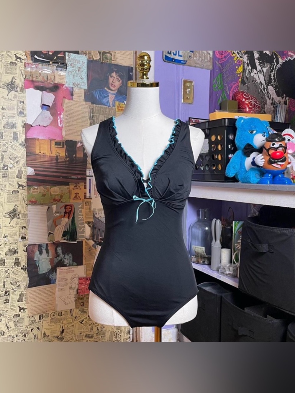 Ruffle Trim Black Swimsuit